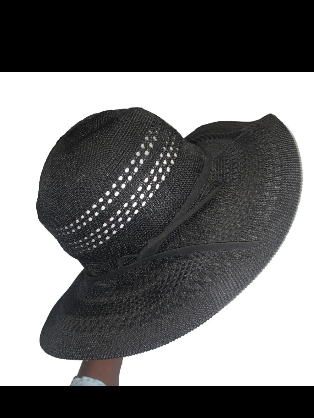 Black Crochet Floppy Straw Sun Hat One Size